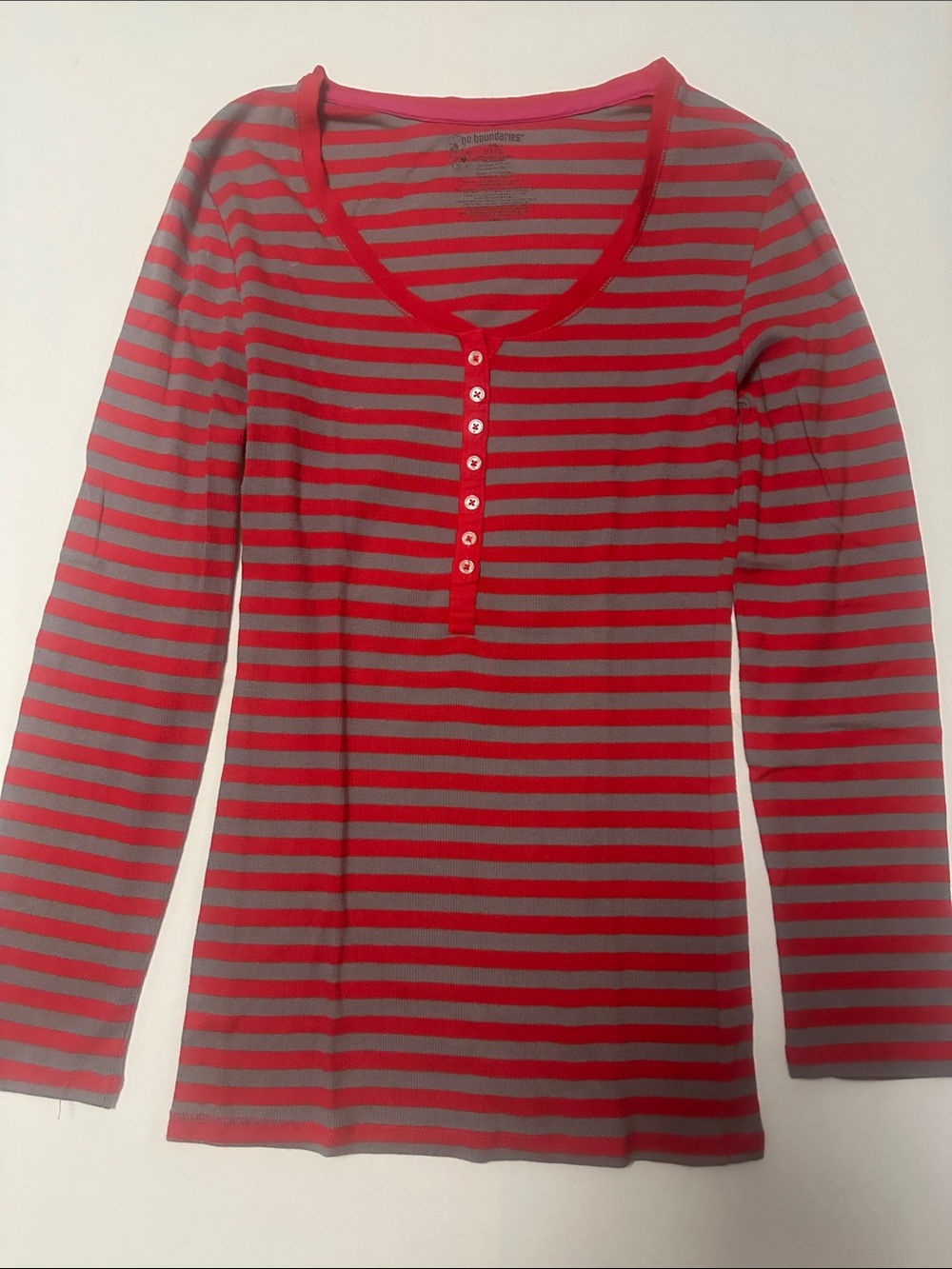 No Boundaries Red and Gray Striped Long-Sleeve Henley Tee